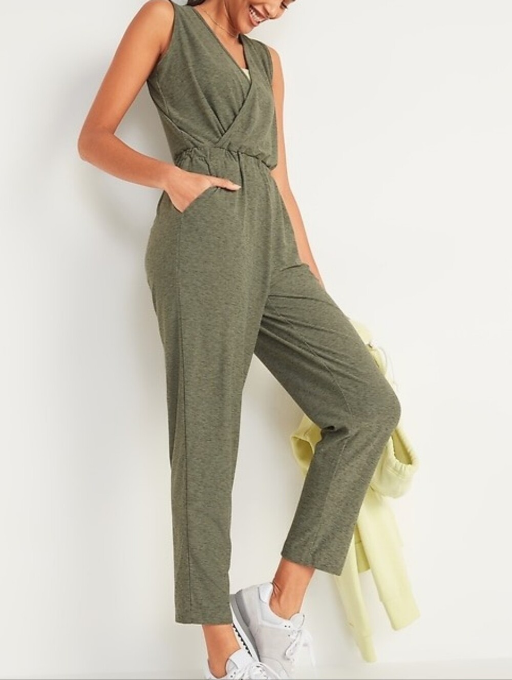 Old Navy Heathered Olive Breathe ON Cross-Front Sleeveless Jumpsuit Size Medium